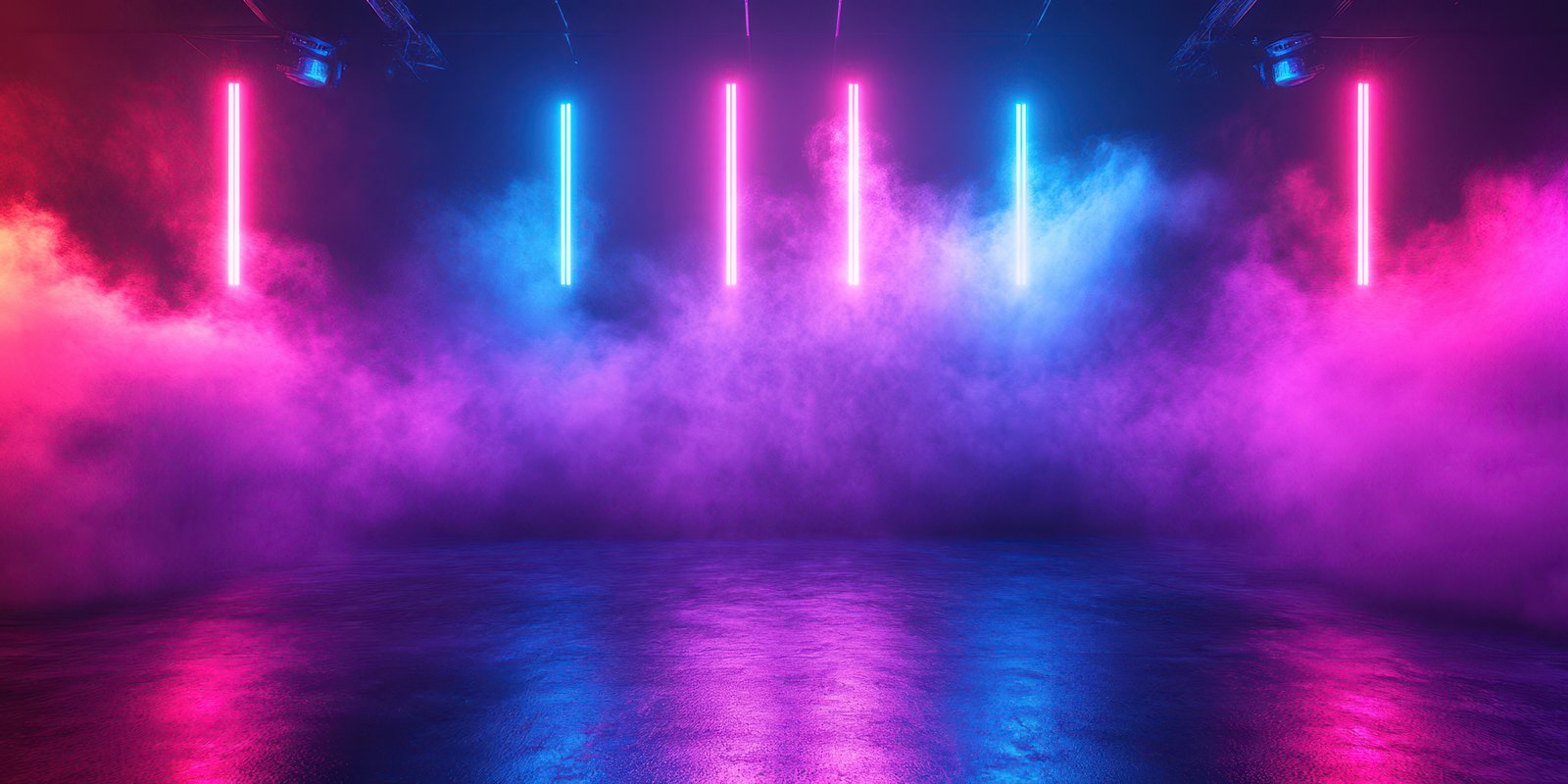 Colorful light display in a foggy event space during a nighttime party atmosphere